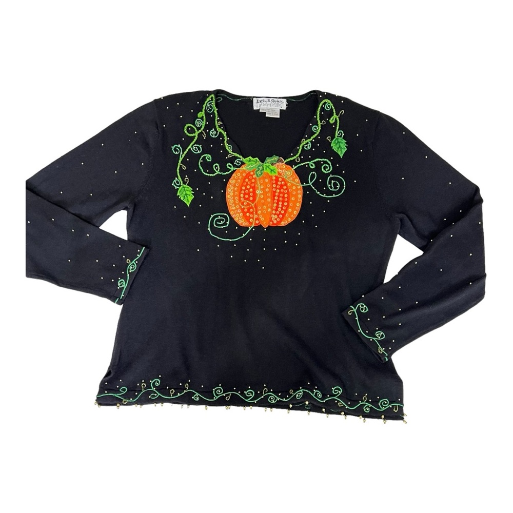 Halloween Sweater Jack B. Quick Vintage Pumpkin Beaded Top Cute Ugly Sweater